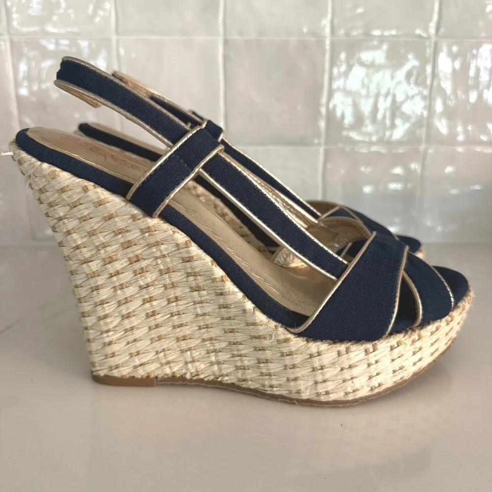 Lilly Pulitzer Ashley Wedge Sandal Women 9 Navy Gold Espadrille Platform Canvas